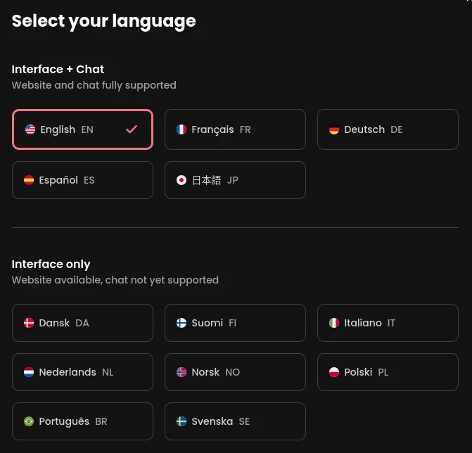 El selector de idioma de Candy.ai, que separa los cinco idiomas totalmente traducidos de los ocho donde solo lo está la interfaz
