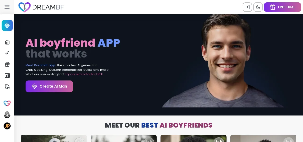 DreamBF’s homepage in September 2026, with the slogan “AI boyfriend APP that works” and the gallery of generated male characters