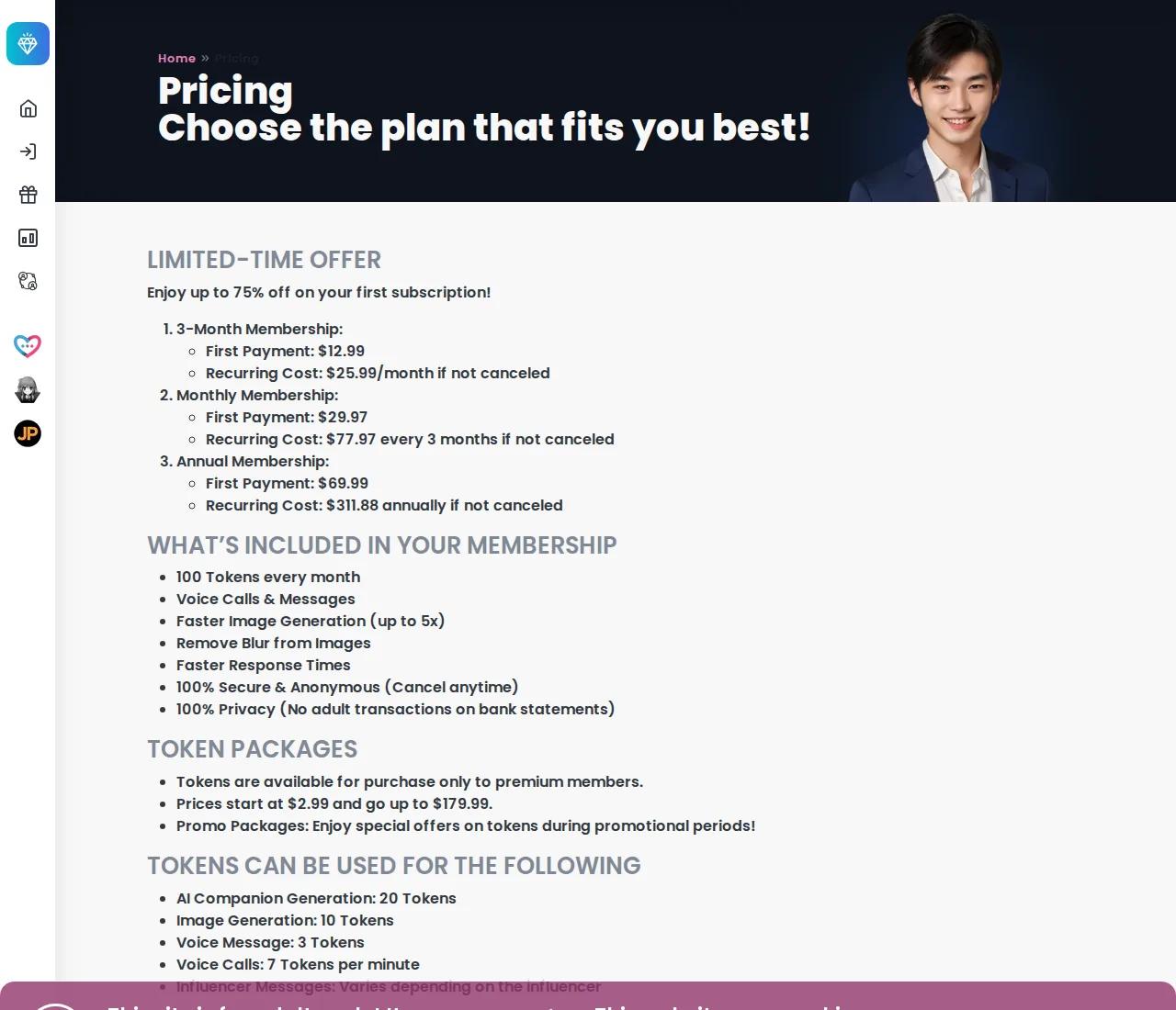 DreamBF’s pricing page, showing the three plans with their first payment and renewal cost, plus the token cost of every action