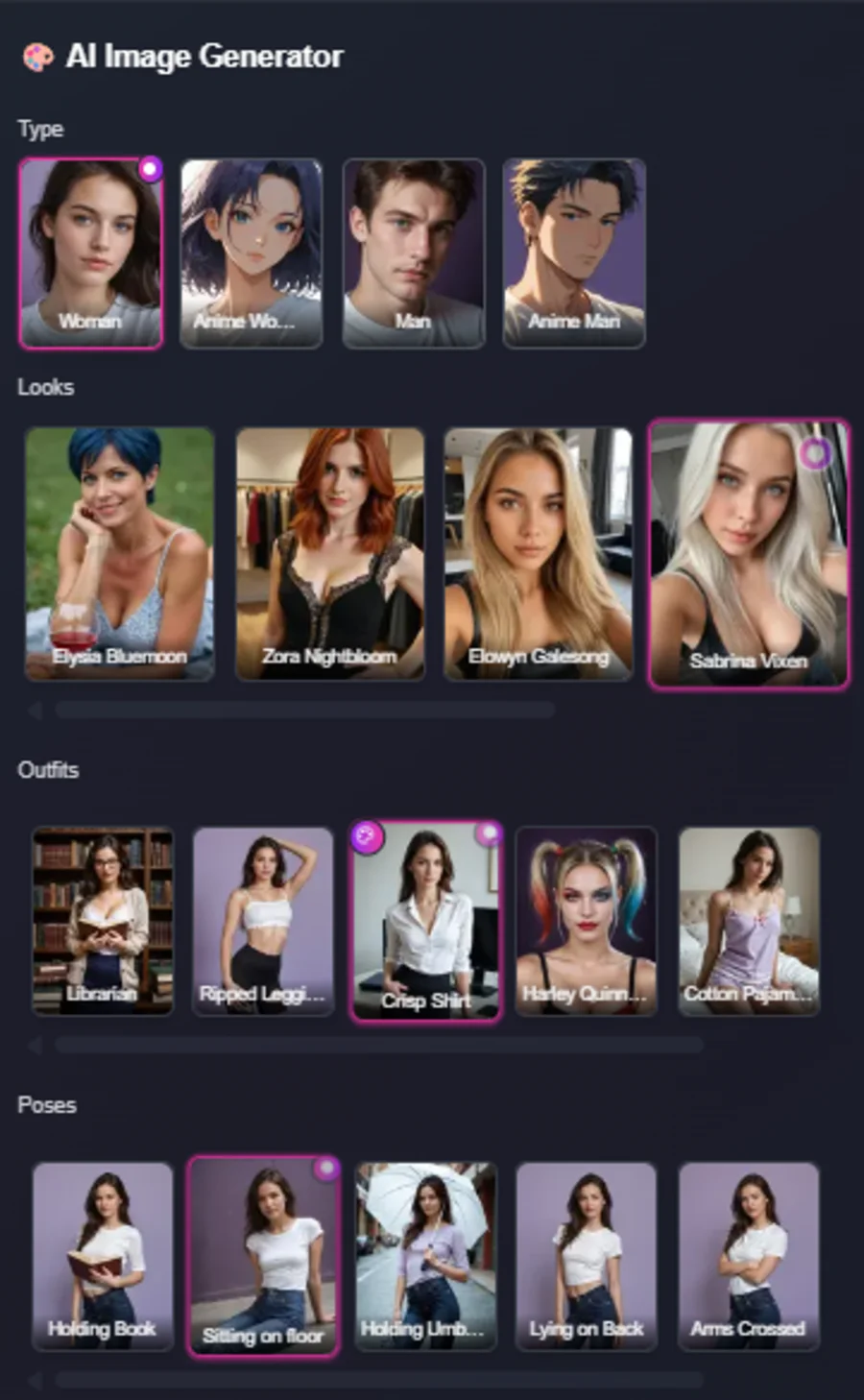 El generador de imágenes IA de FlirtCam, con tipo, apariencia, atuendos y poses