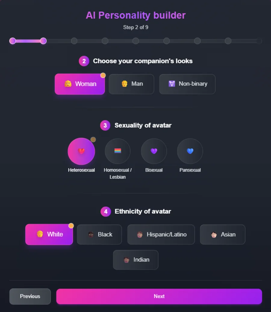 El creador de personalidad IA de FlirtCam, con elección de apariencia, orientación y origen