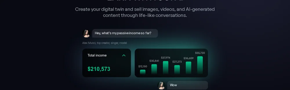 JOI AI’s creator recruitment page, showing a mocked-up income dashboard for a top creator