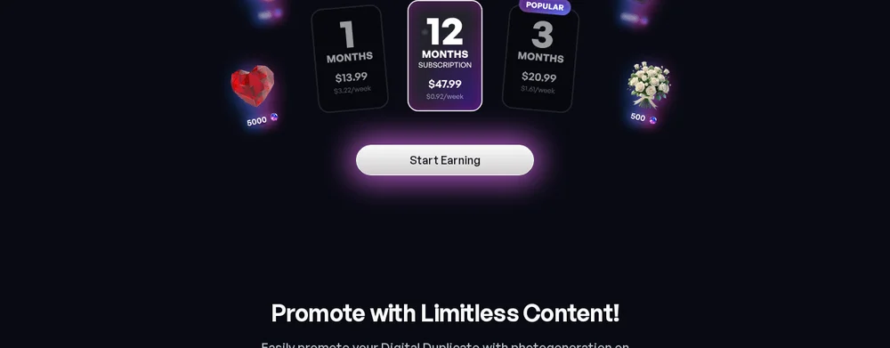JOI AI’s fan subscription tiers, from one to twelve months, with the “Start Earning” button