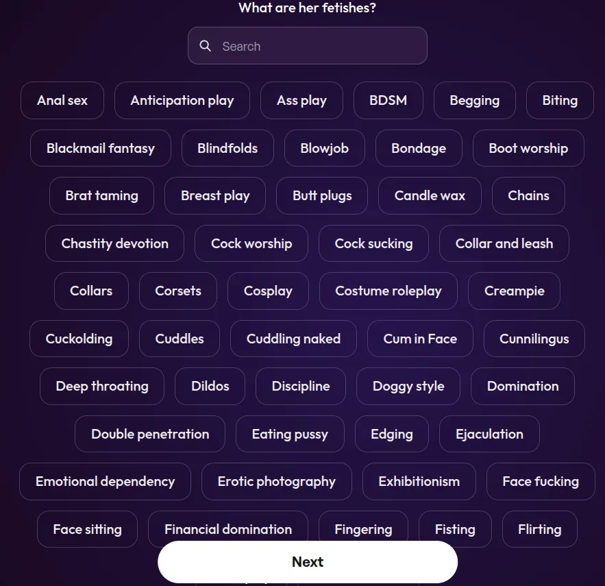 Lista de selección de fetiches en JOI AI