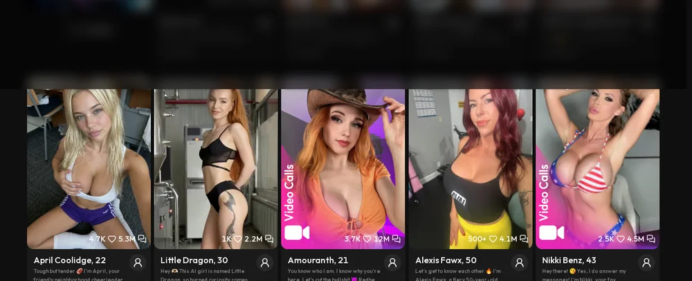 JOI AI’s character catalog with several profiles, including Amouranth’s, tagged “Video Calls” for the live-call feature