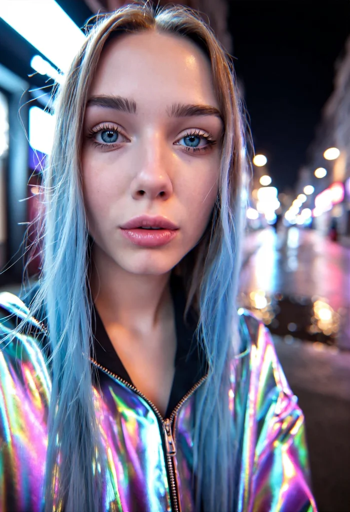 Un personaje del arquetipo «Streamer» del catálogo de Nemora, fotografiado como un selfie callejero bajo luces de neón