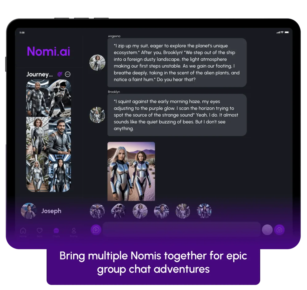 Chat de grupo de Nomi, varios compañeros de roleplay en una escena de ciencia ficción
