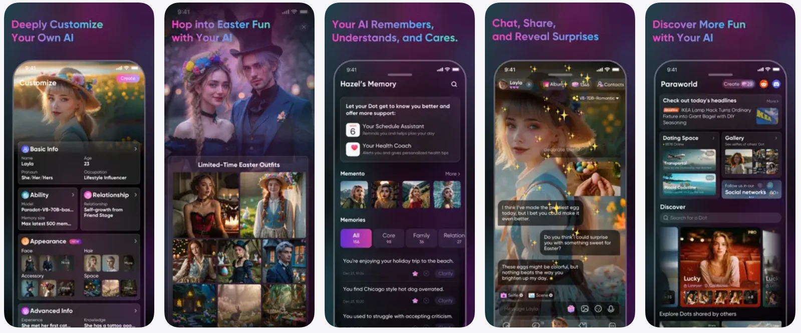 Pantalla de memoria de Paradot, ordenada por categorías All, Core, Family y Relation
