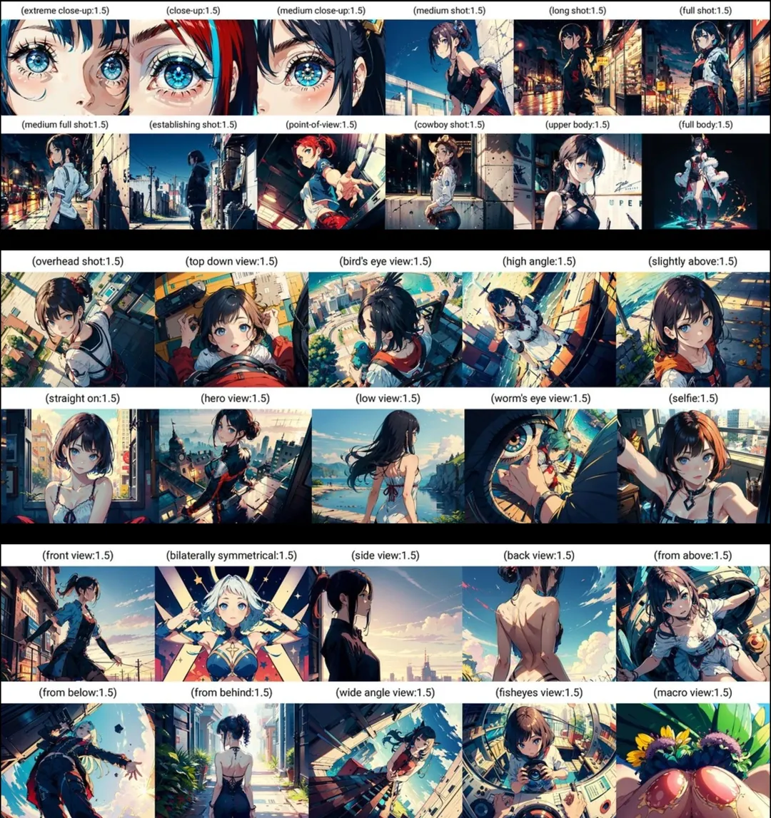 Cuadrícula de renders anime que ilustra ángulos de cámara en primer plano, en altura y en orientación