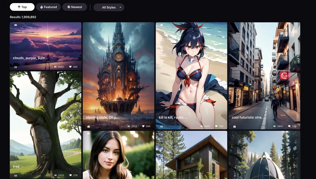 El feed Explore de Promptchan, una cuadrícula de imágenes comunitarias ordenadas por Top, Featured y Newest