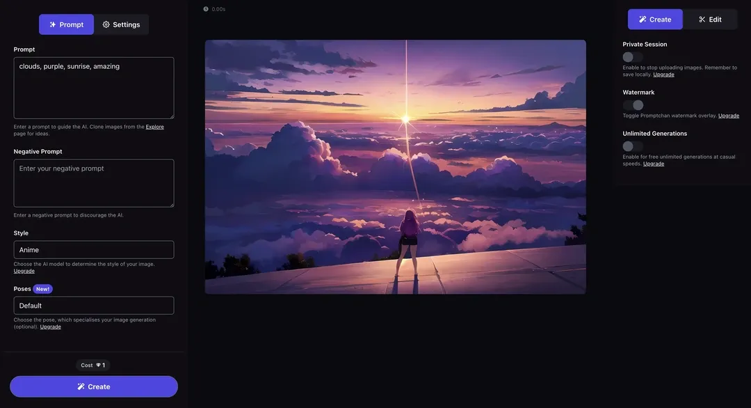 El panel de creación de Promptchan, con prompt, prompt negativo, estilo, pose, coste en Gems y controles de privacidad