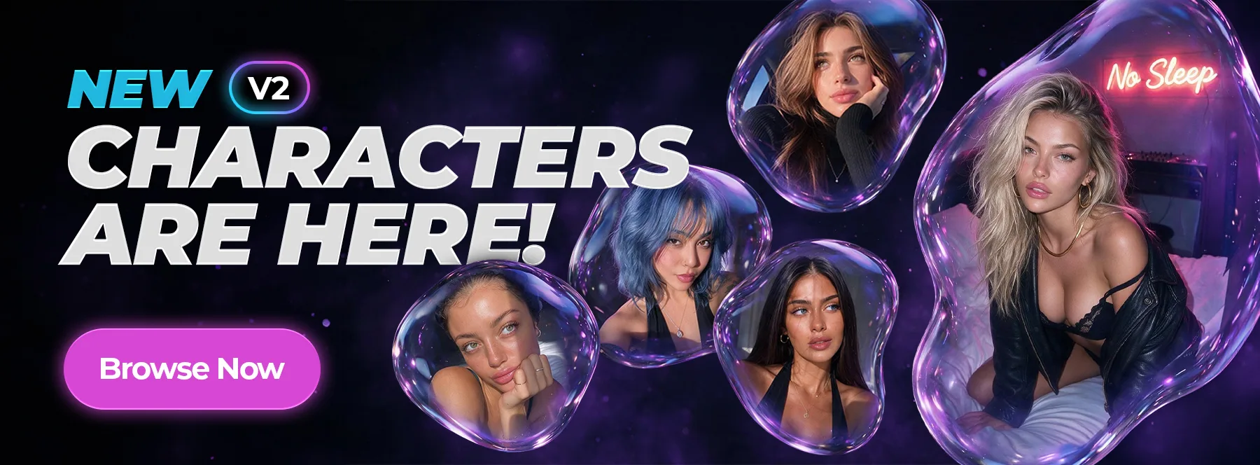 Banner promocional de Secrets AI que anuncia una nueva tanda de personajes «V2»