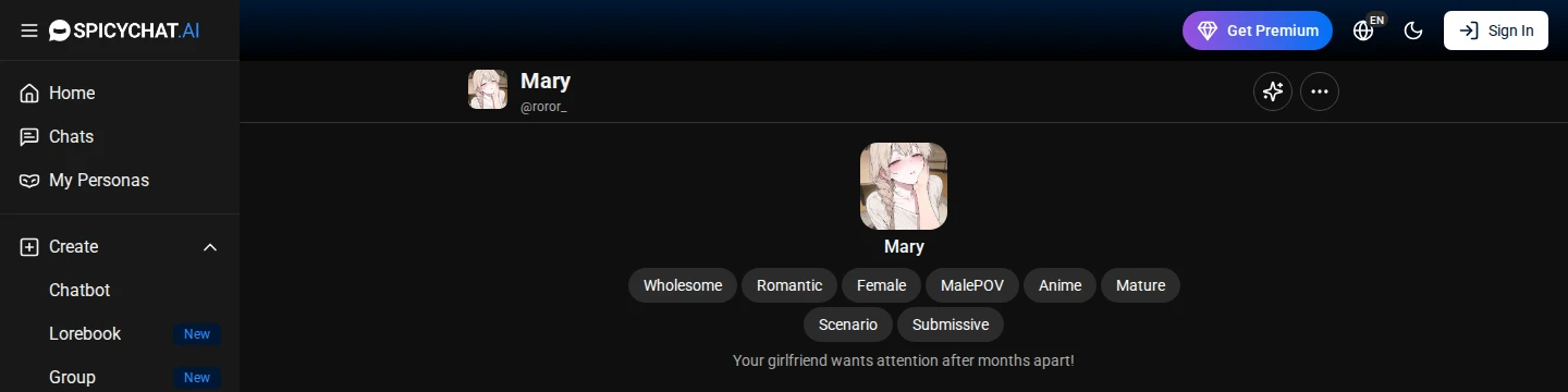 Una ficha individual de personaje de SpicyChat AI, mostrando la pila de etiquetas (Wholesome, Romantic, MalePOV, Anime, Mature, Submissive) que hace las veces de curación editorial